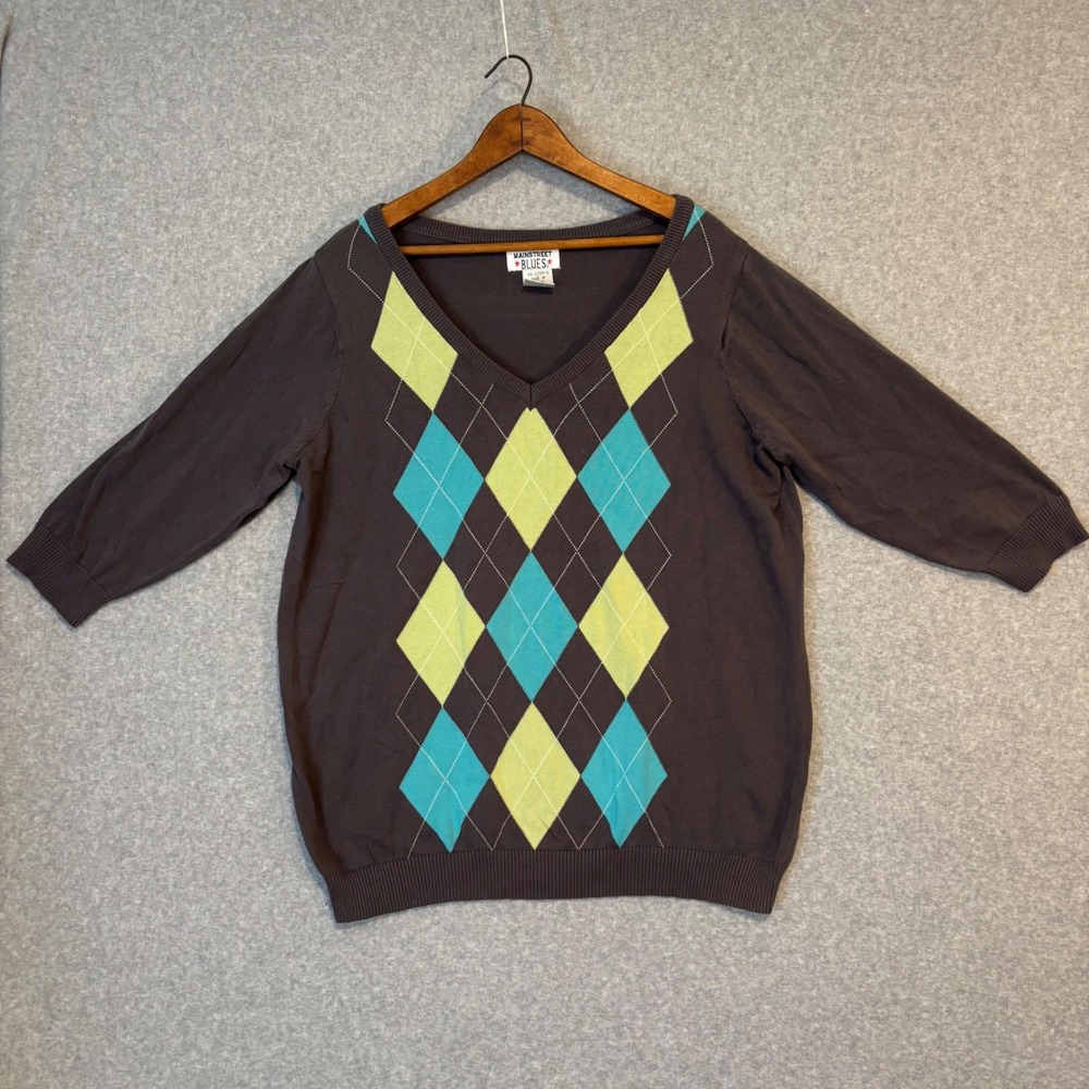 y2k Mainstreet Blues Women's Gray 3/4 Sleeve Argyle Sweater 1X Gray Blue Green